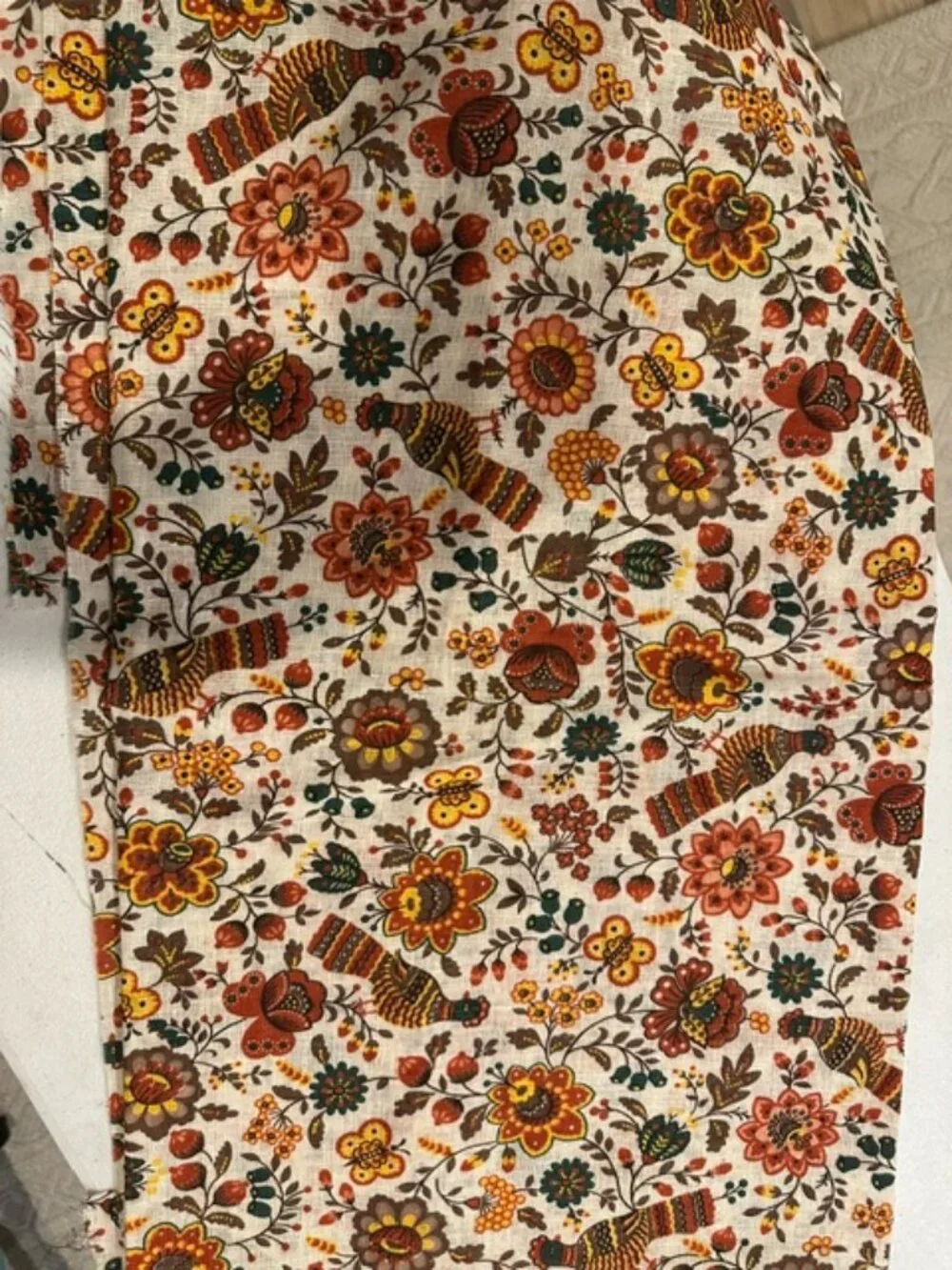 VINTAGE Fabric 1970s Folk Pheasant Butterfly 1 1/2 y long x 1 y wide
